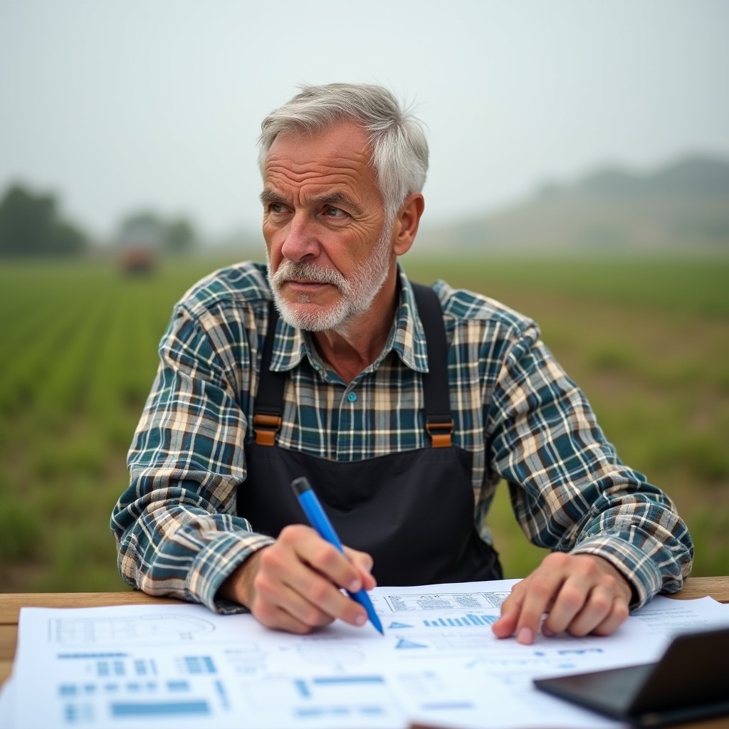 Elder man thinking on how to sell agricultural land